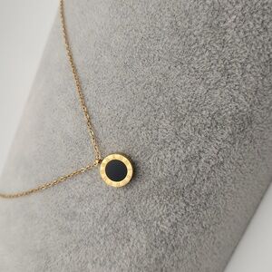 Black Round Pendant Necklace, Roman Numerals – 18K Gold Plated Stainless Steel
